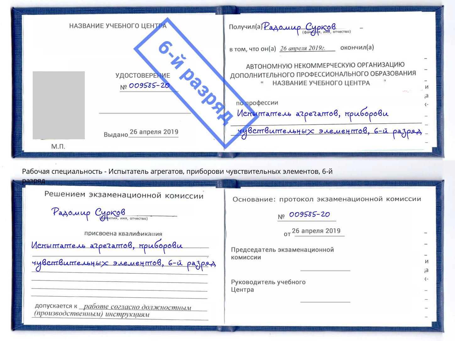 корочка 6-й разряд Испытатель агрегатов, приборови чувствительных элементов Нижнекамск