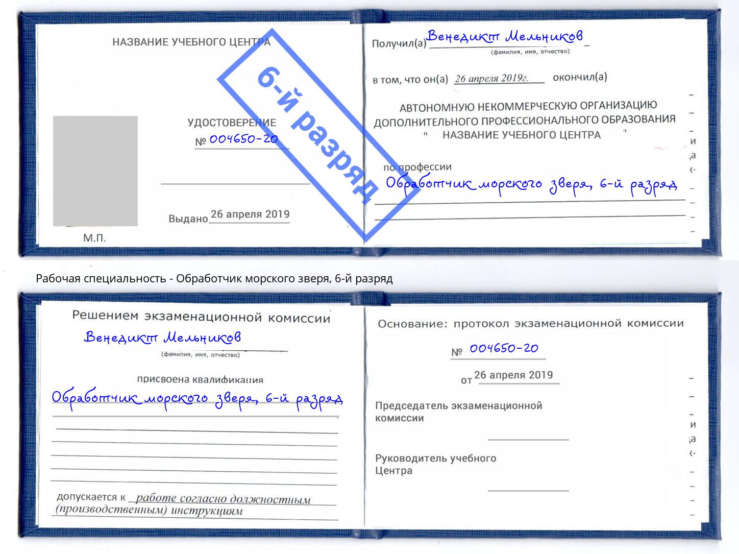 корочка 6-й разряд Обработчик морского зверя Нижнекамск
