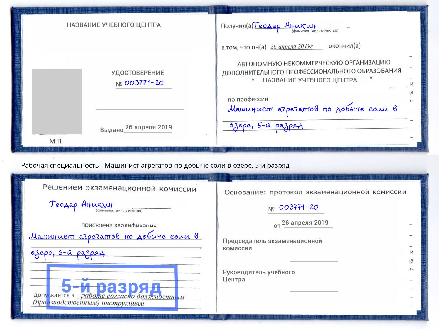 корочка 5-й разряд Машинист агрегатов по добыче соли в озере Нижнекамск