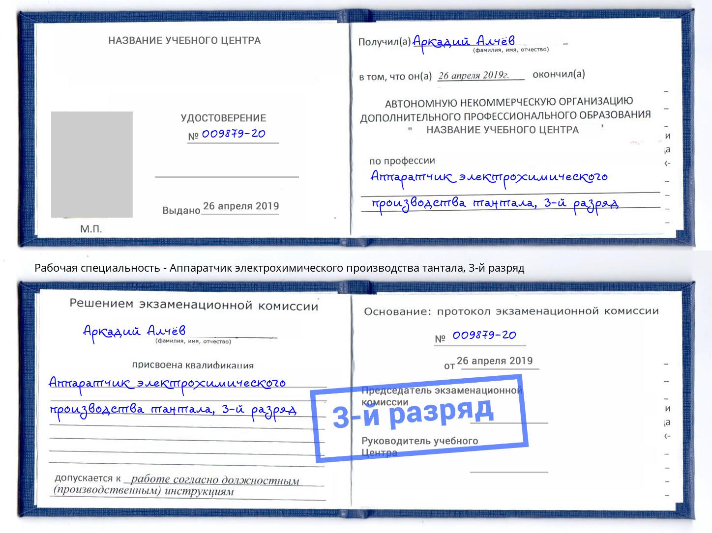 корочка 3-й разряд Аппаратчик электрохимического производства тантала Нижнекамск