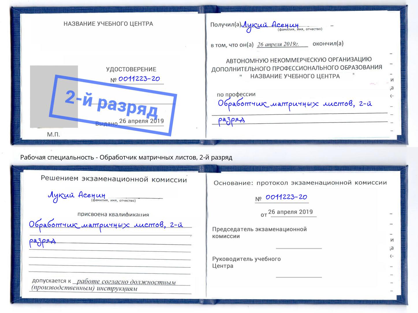 корочка 2-й разряд Обработчик матричных листов Нижнекамск